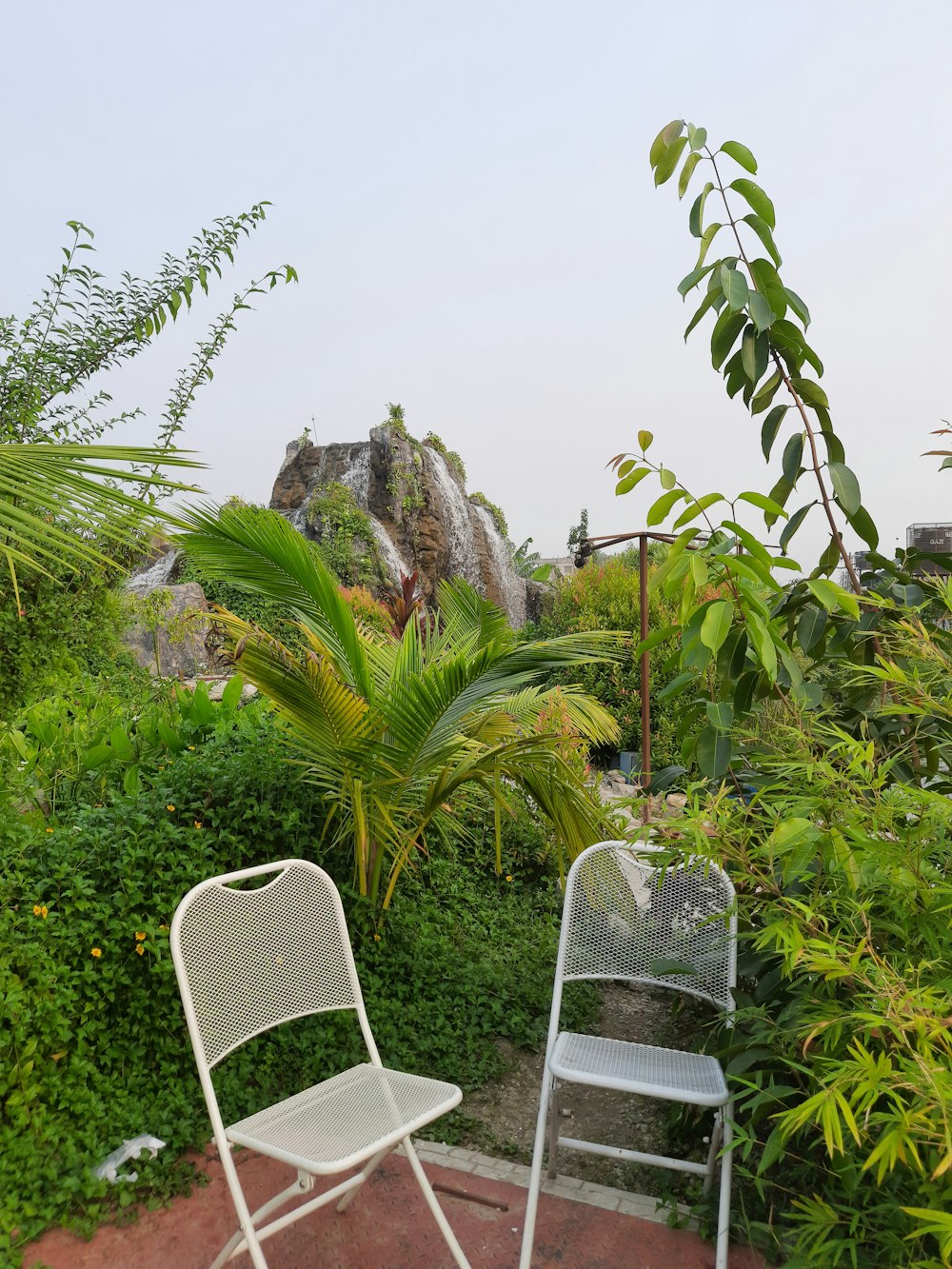 a couple of chairs in a garden