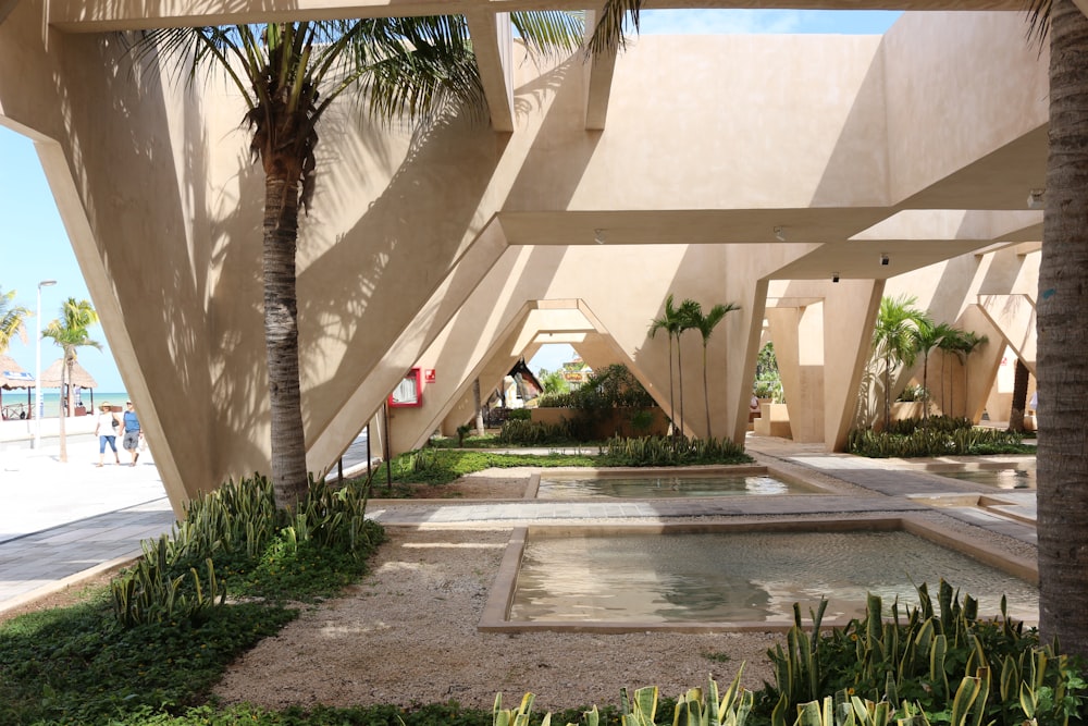 a water fountain under a covered area