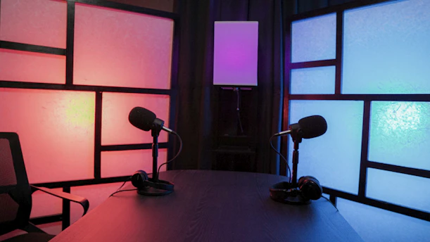 a table with a lamp and a chair in a room with windows