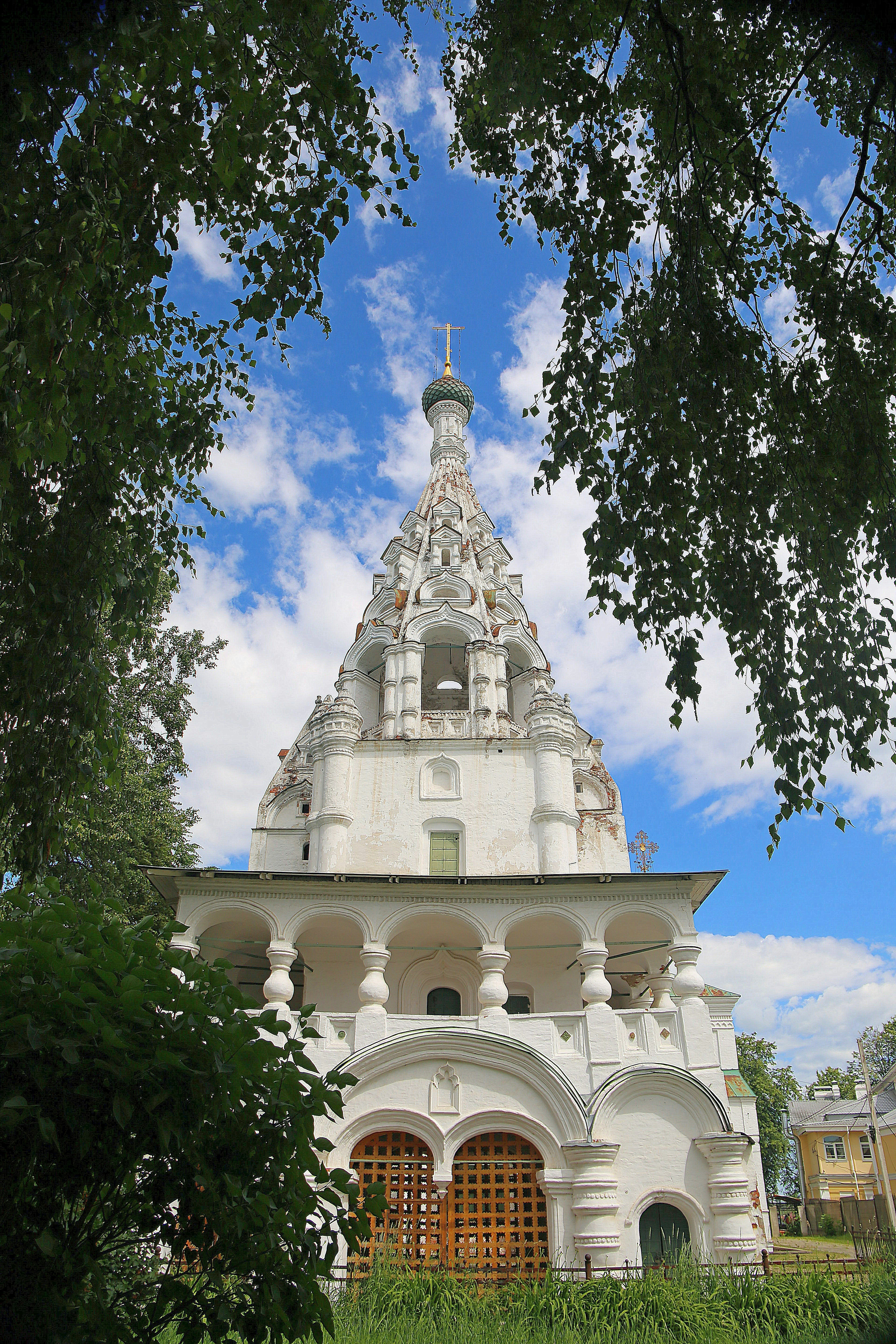 a white building with a tower