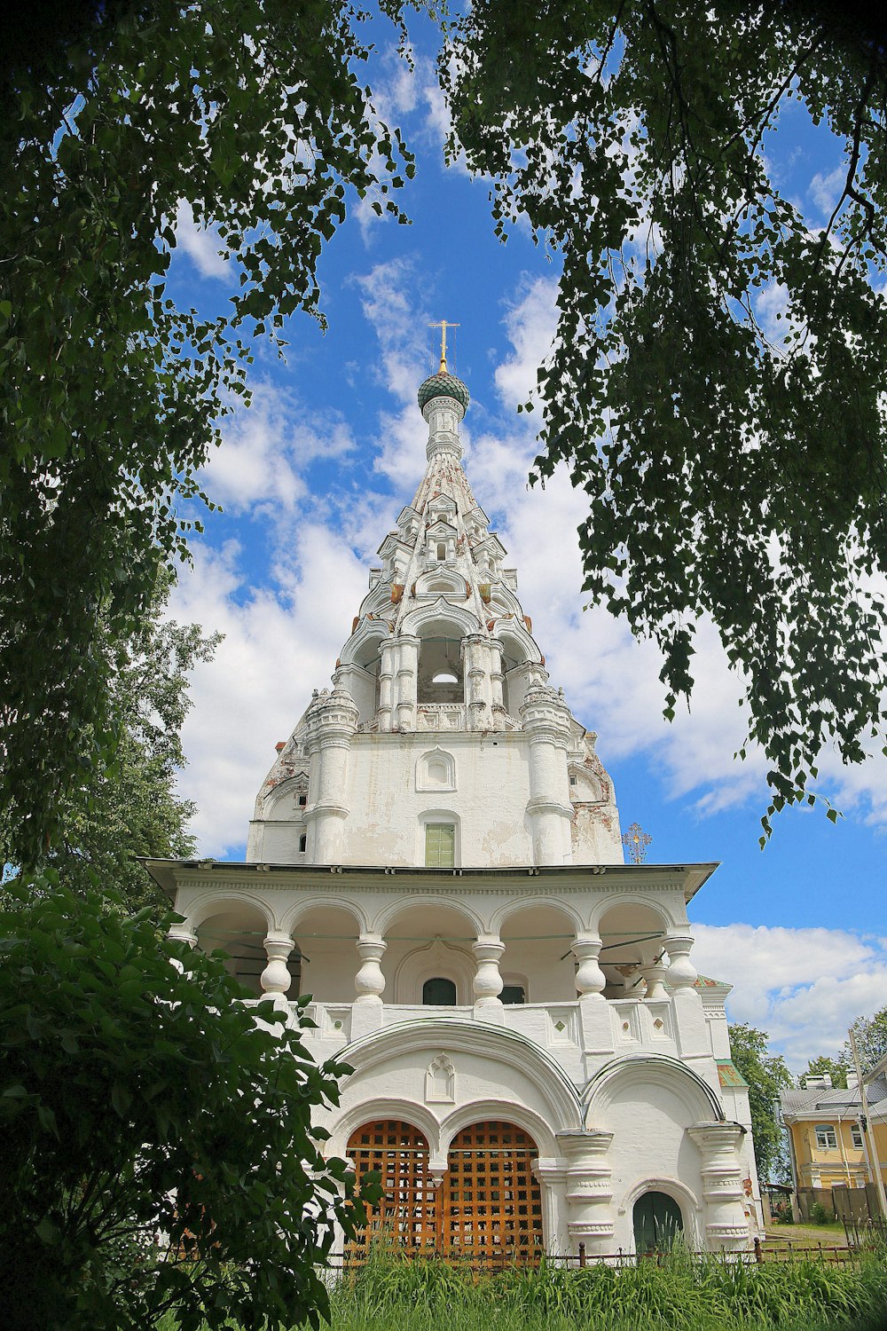 a white building with a tower