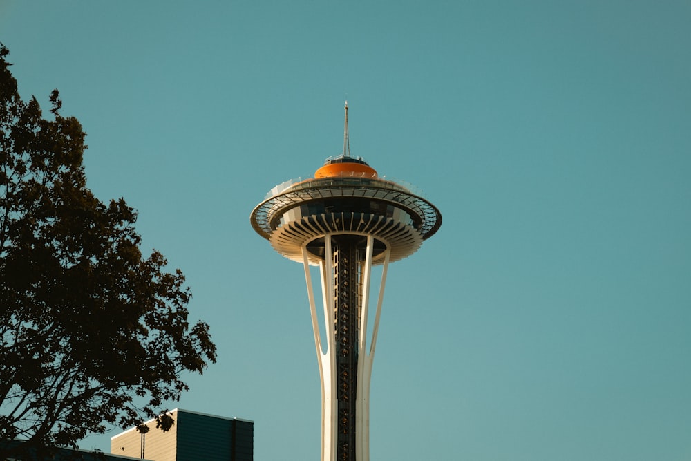 a tall tower with a tree in the foreground