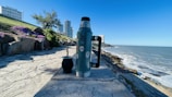 A large thermos with stickers stands on a rocky walkway with a mate gourd beside it. The path is lined with purple flowers and greenery, overlooking a coastal scene with waves crashing against the shore. Tall buildings and a blue sky complete the background.