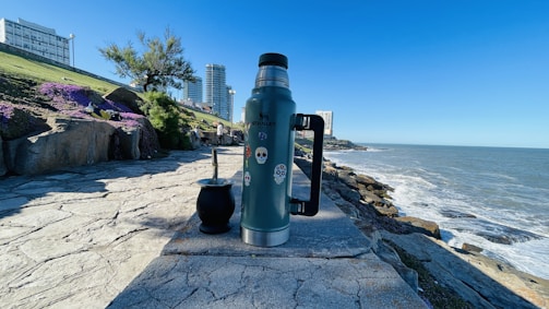 A large thermos with stickers stands on a rocky walkway with a mate gourd beside it. The path is lined with purple flowers and greenery, overlooking a coastal scene with waves crashing against the shore. Tall buildings and a blue sky complete the background.