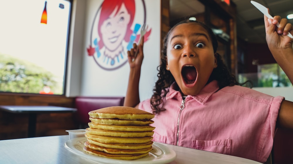 a girl with her mouth open and her mouth open by a plate of pancakes