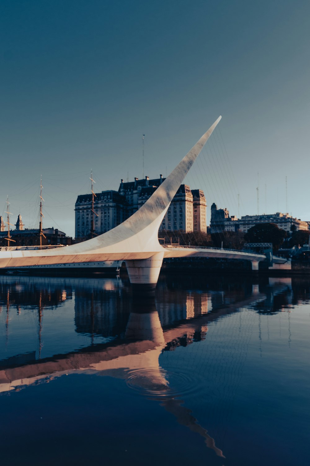 un grand bâtiment blanc avec un toit pointu au bord de l’eau