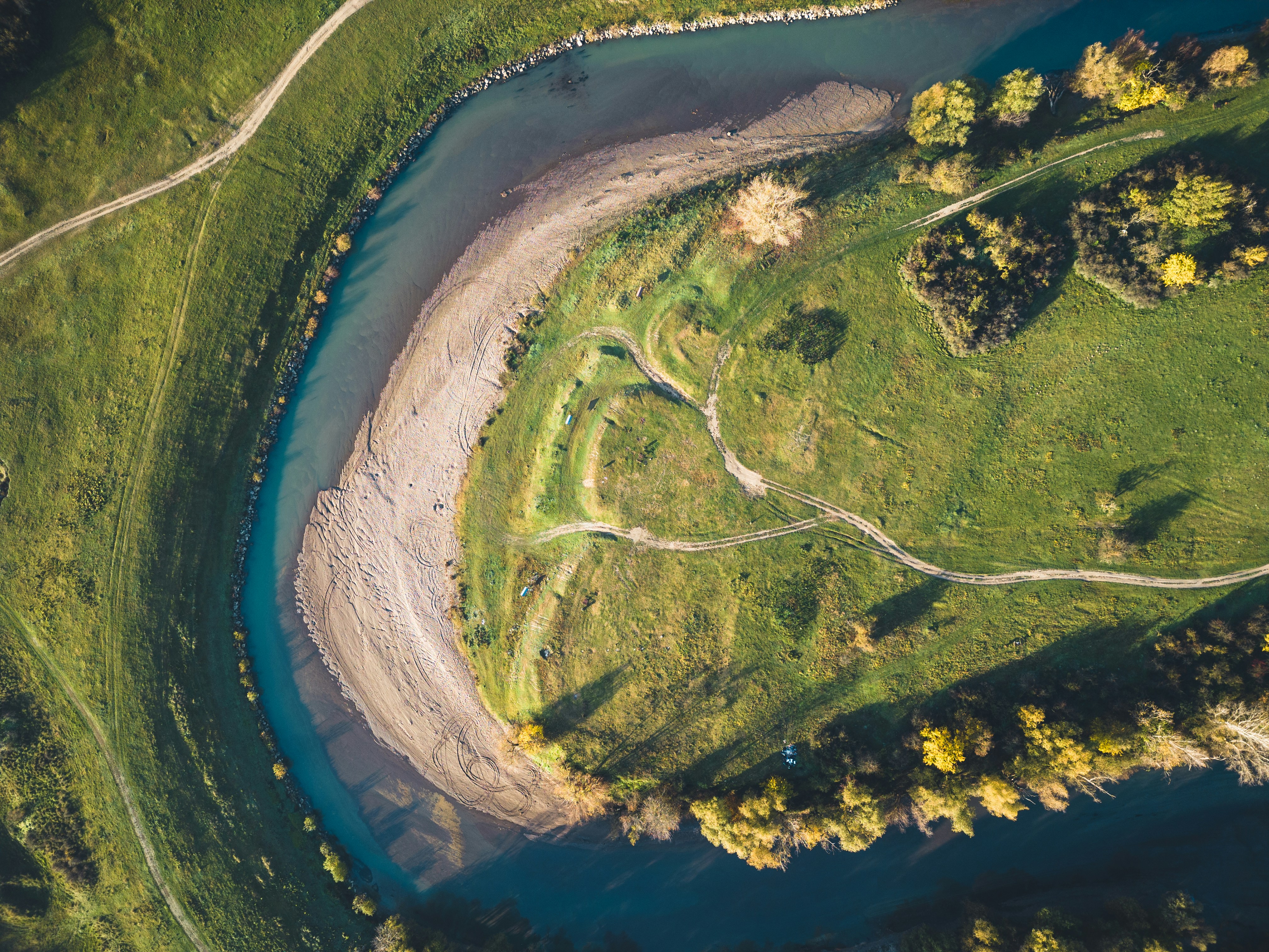 an aerial view of a river