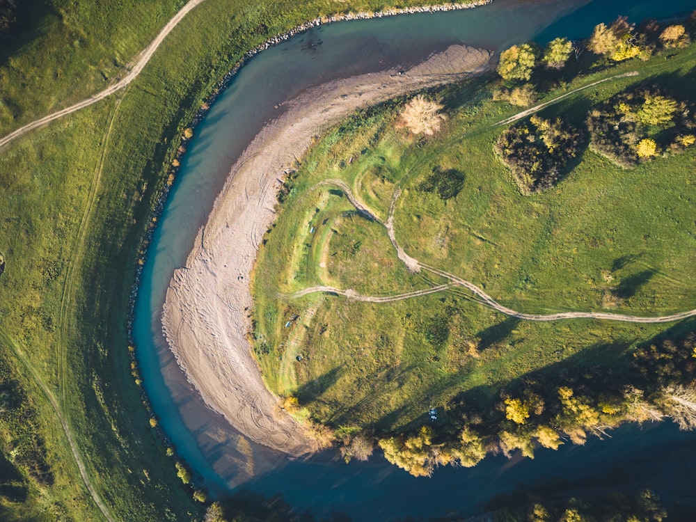 an aerial view of a river