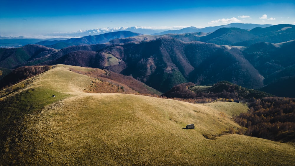 a grassy valley with mountains in the background