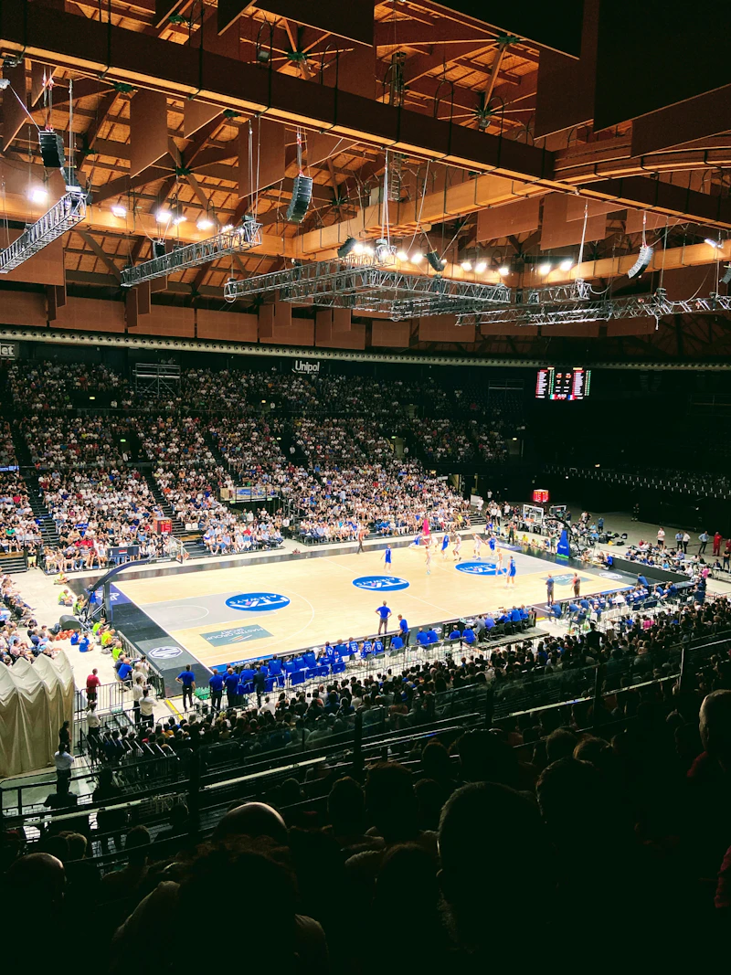 A basketball court in a stadium