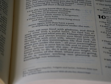 An open book displaying a passage with numbered verses and a significant amount of text in two columns per page. The focus is on a passage that includes phrases about life, knowledge, and enjoyment. The background is slightly blurred, drawing attention to the central text.