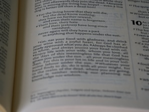An open book displaying a passage with numbered verses and a significant amount of text in two columns per page. The focus is on a passage that includes phrases about life, knowledge, and enjoyment. The background is slightly blurred, drawing attention to the central text.