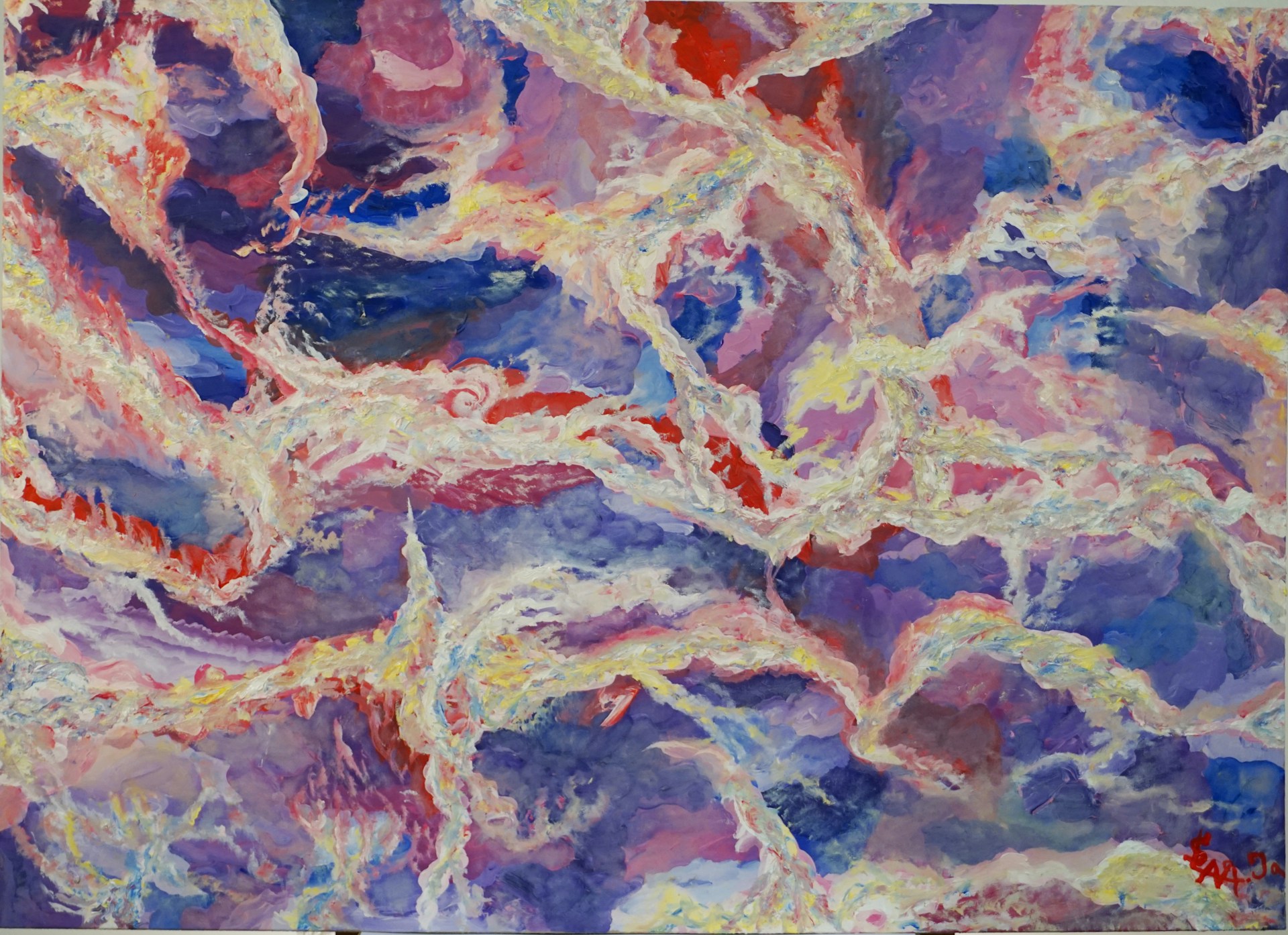 Vibrant abstract painting with swirling patterns and textures. The use of bright colors like purple, pink, red, and yellow creates dynamic movement across the canvas.