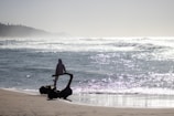 A casual beach scene showing a person wearing a Lapartisil hoodie, sitting on driftwood with surfboard resting beside.