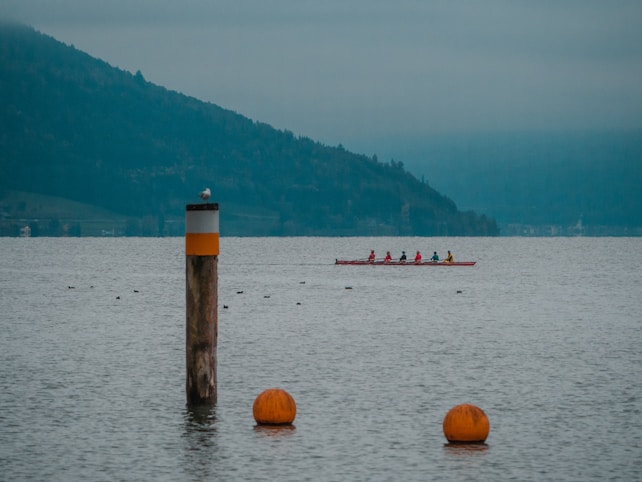 A serene lake setting with a team of rowers in a red boat, moving across calm waters under an overcast sky. In the foreground, two orange buoys partially submerged in the water. A wooden post with a bird perched atop stands nearby. The distant background showcases a mist-covered mountainous landscape, adding depth and tranquility to the scene.