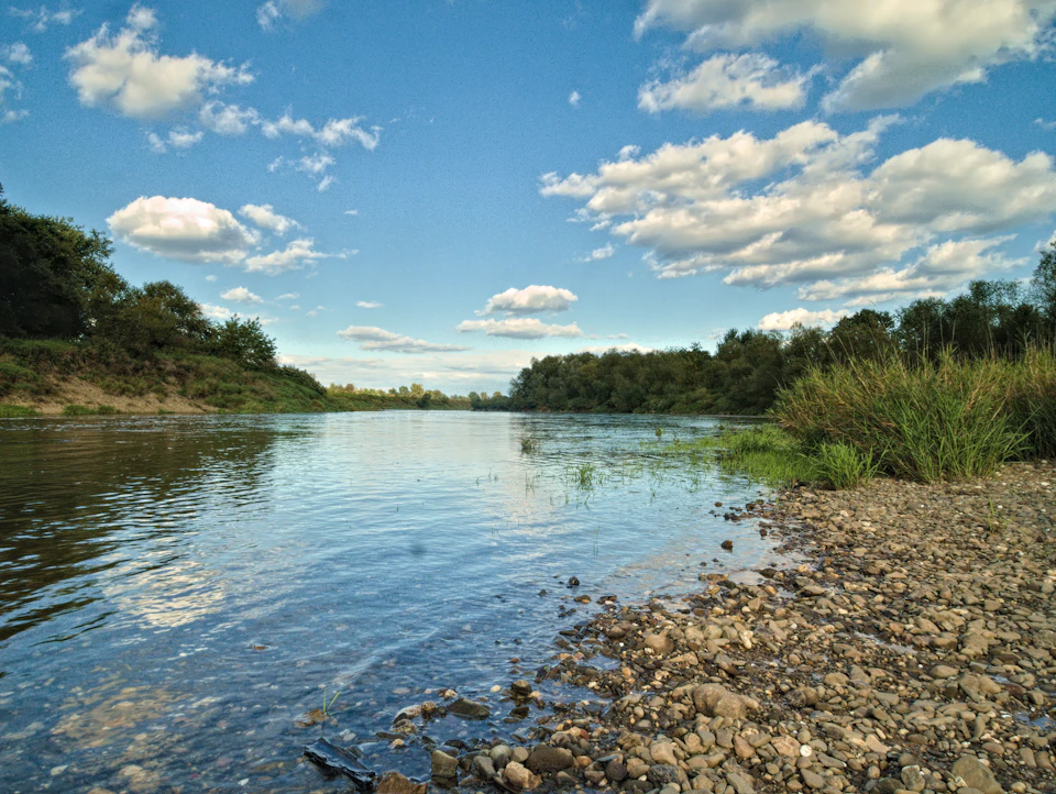 Serene river scene with rocky shore and lush grassy area reflecting clear blue sky