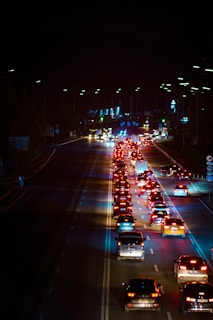 a busy street at night