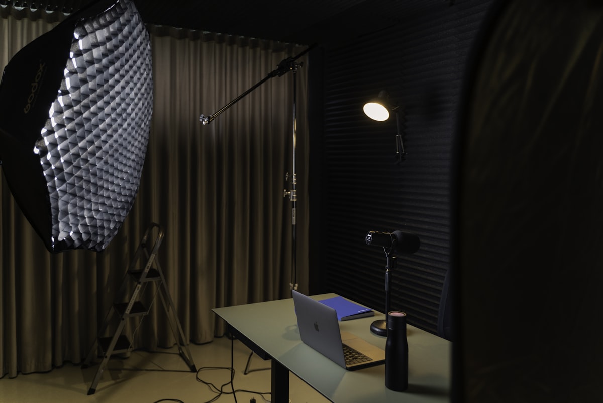 Camera in a studio with neon lighting