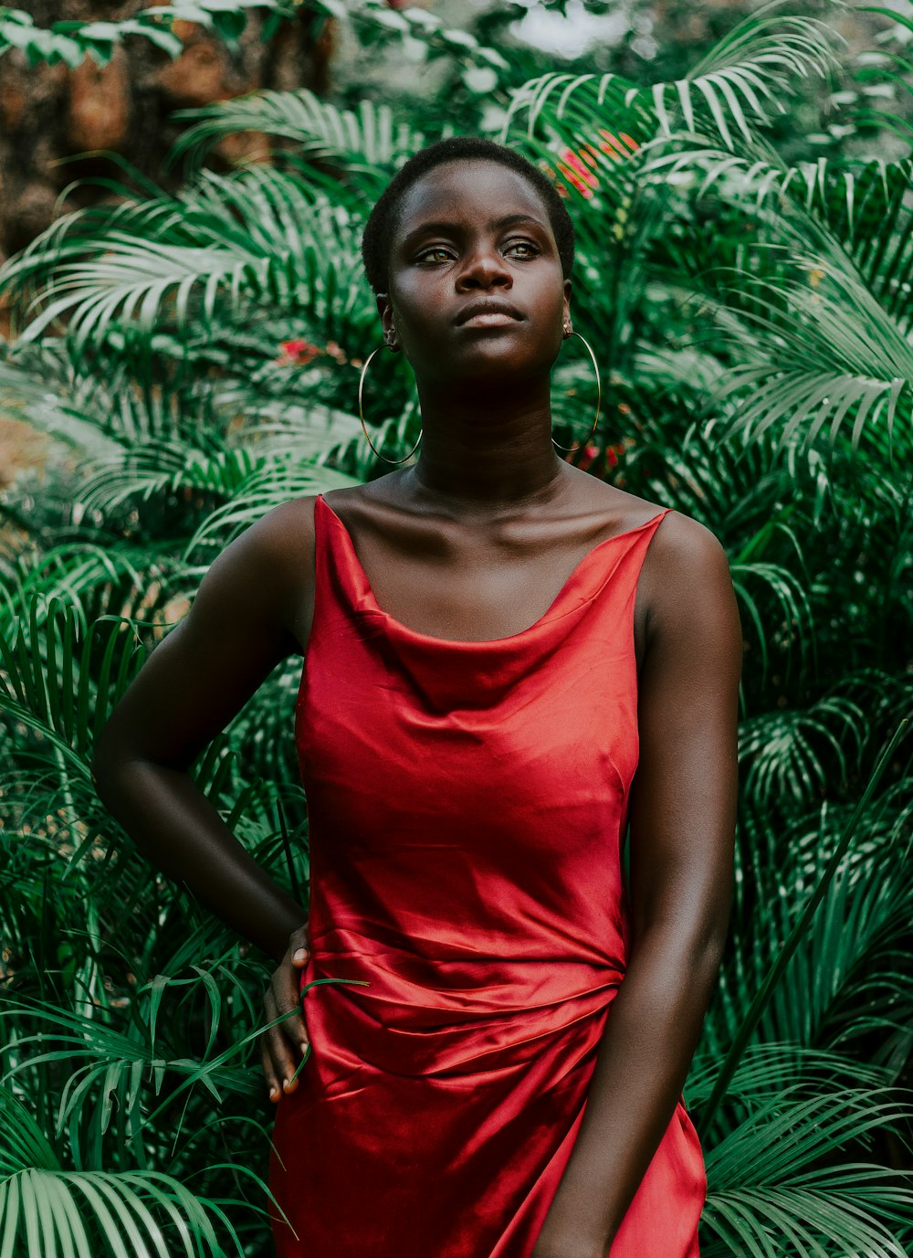 a woman in a red dress