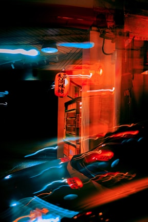 A vibrant street photograph with dynamic colors and movement.