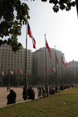 A city square surrounded by tall buildings with numerous flagpoles displaying red, white, and blue flags. People are sitting on the grass and along the edges of the square, creating a relaxed, community atmosphere. The sunlight is partially obscured by the foliage of trees in the foreground, casting shadows.