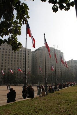 A city square surrounded by tall buildings with numerous flagpoles displaying red, white, and blue flags. People are sitting on the grass and along the edges of the square, creating a relaxed, community atmosphere. The sunlight is partially obscured by the foliage of trees in the foreground, casting shadows.