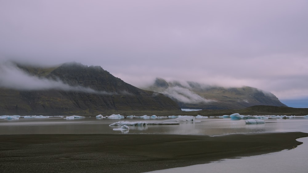 Eine Gruppe von Eisbergen im Wasser mit Bergen im Hintergrund