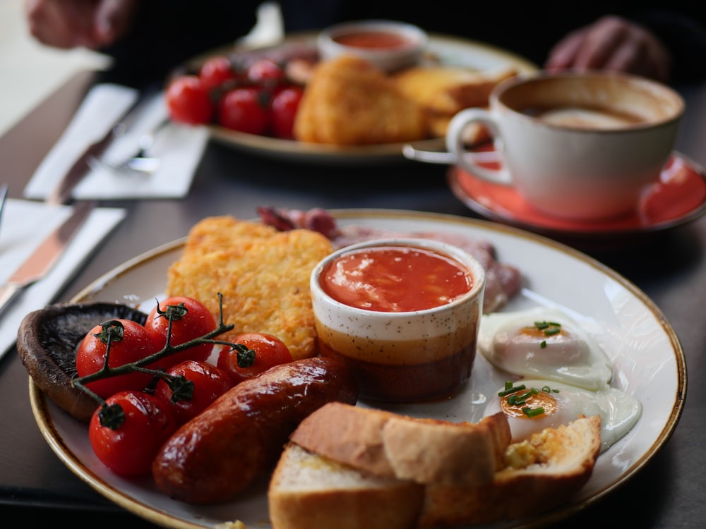 a table is filled with food