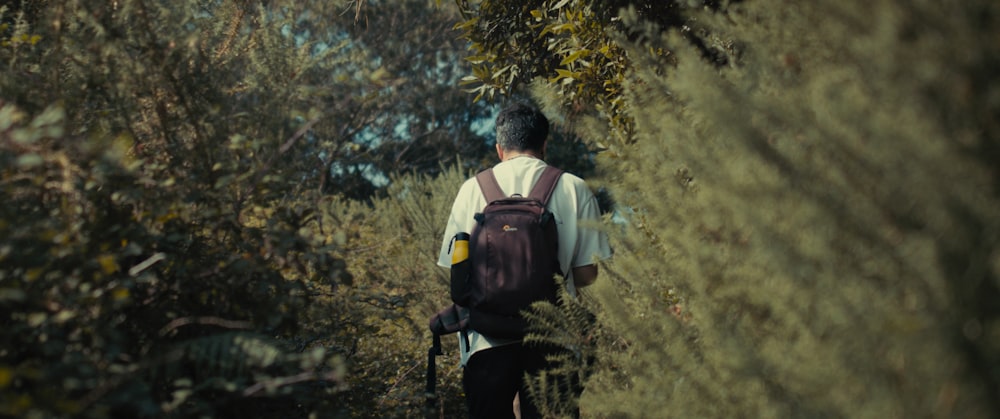 a man walking through a forest