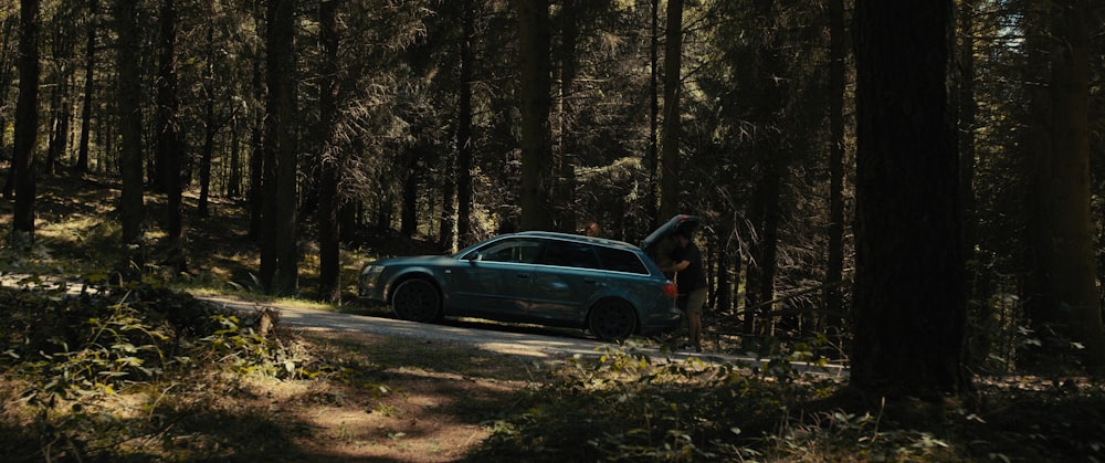 a person standing next to a car in a forest