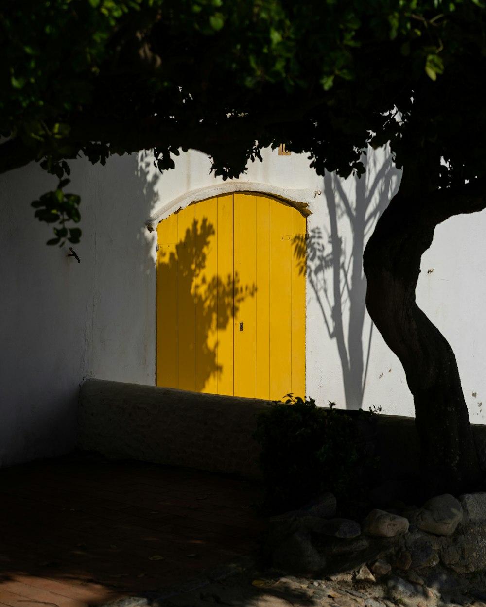 a yellow door with a tree in the background