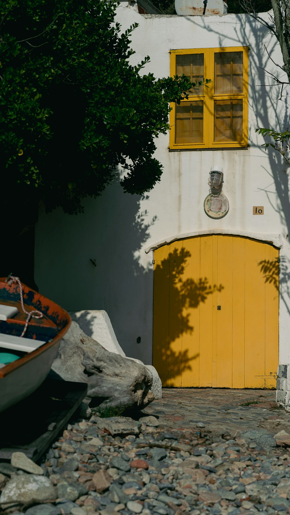 a yellow door with windows