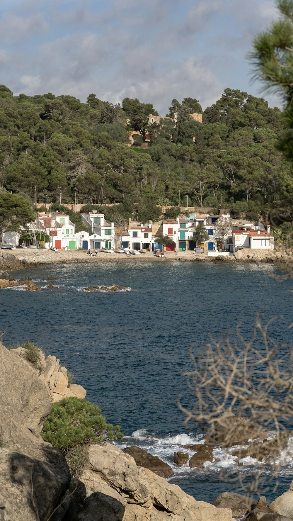 a group of houses by a beach