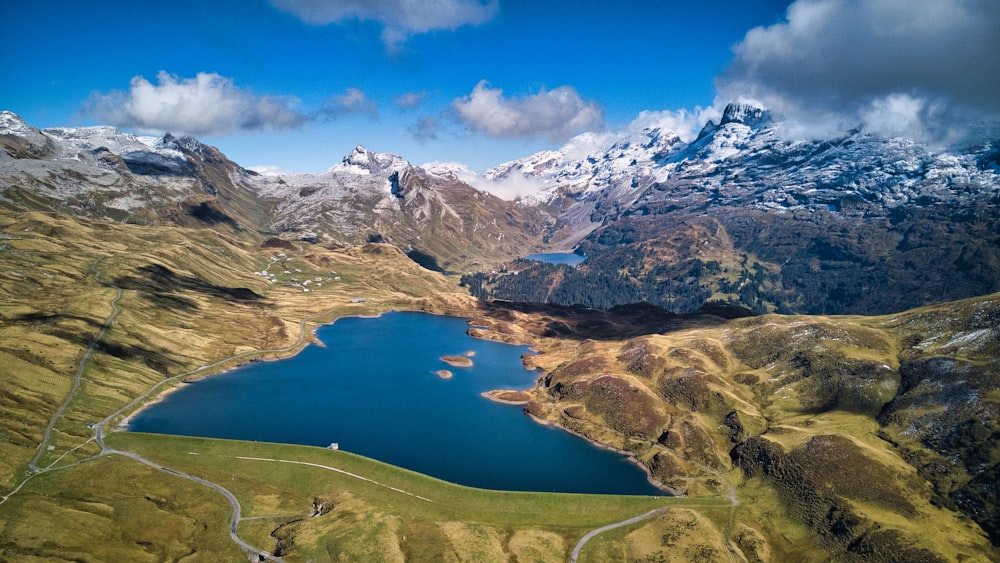 a lake surrounded by mountains