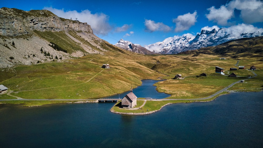 a lake surrounded by mountains