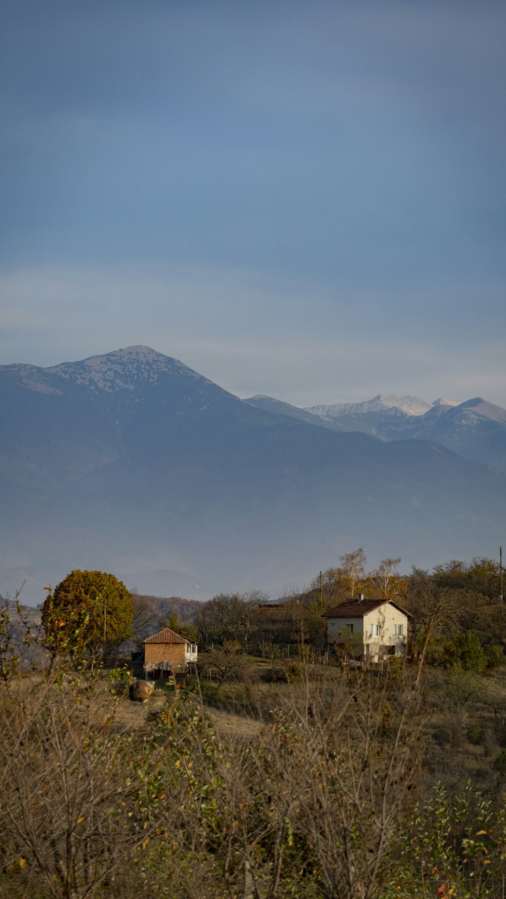 Una pequeña casa en un campo con montañas al fondo