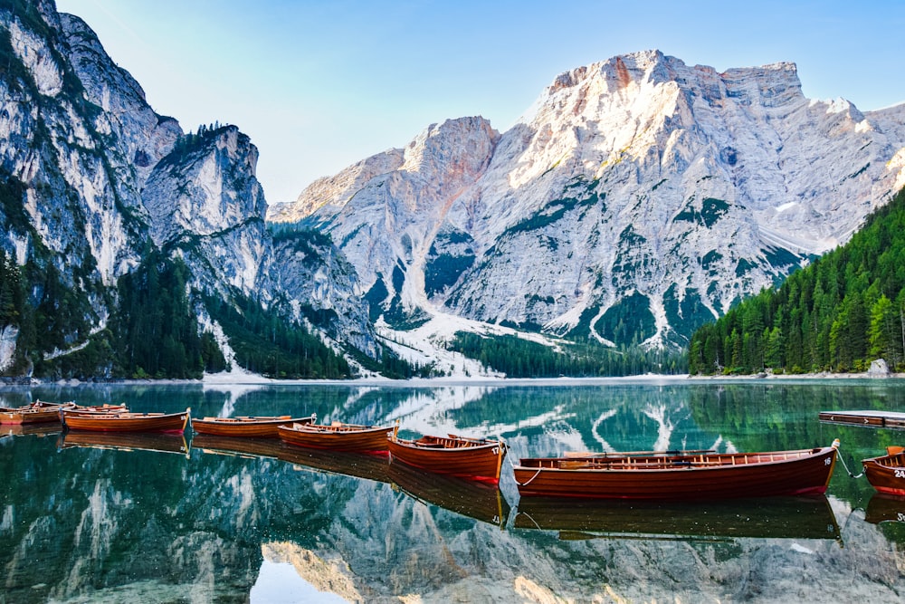 a group of boats on a lake