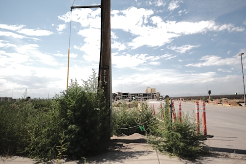 A wooden utility pole stands on a sidewalk surrounded by dense green bushes. In the background, there is a construction site with several orange and white traffic cones arranged in a line. The sky is mostly clear with scattered clouds and the scene appears to be set on a sunny day.