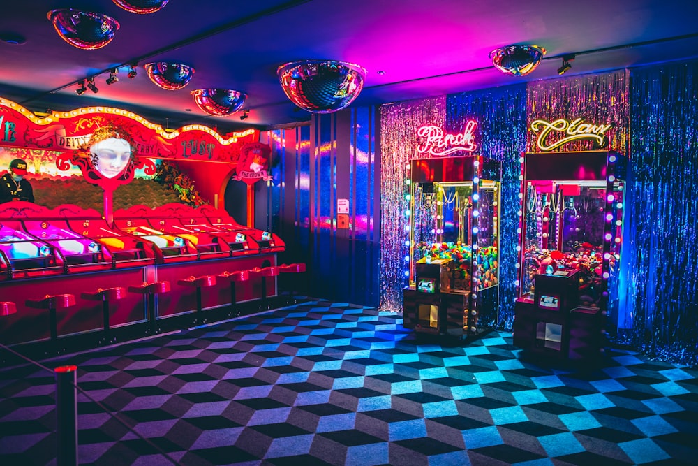 a room with a large display of lights and a large display of candy