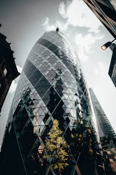 a tall glass building with 30 St Mary Axe in the background