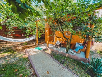 A cozy outdoor setting with a hammock hanging between trees and a small, rustic wooden cabin nestled in lush greenery. A gravel path leads to the cabin, and a person relaxes on a hammock with vibrant pillows adding a touch of color. The area is surrounded by trees and plants, creating a peaceful and inviting atmosphere.