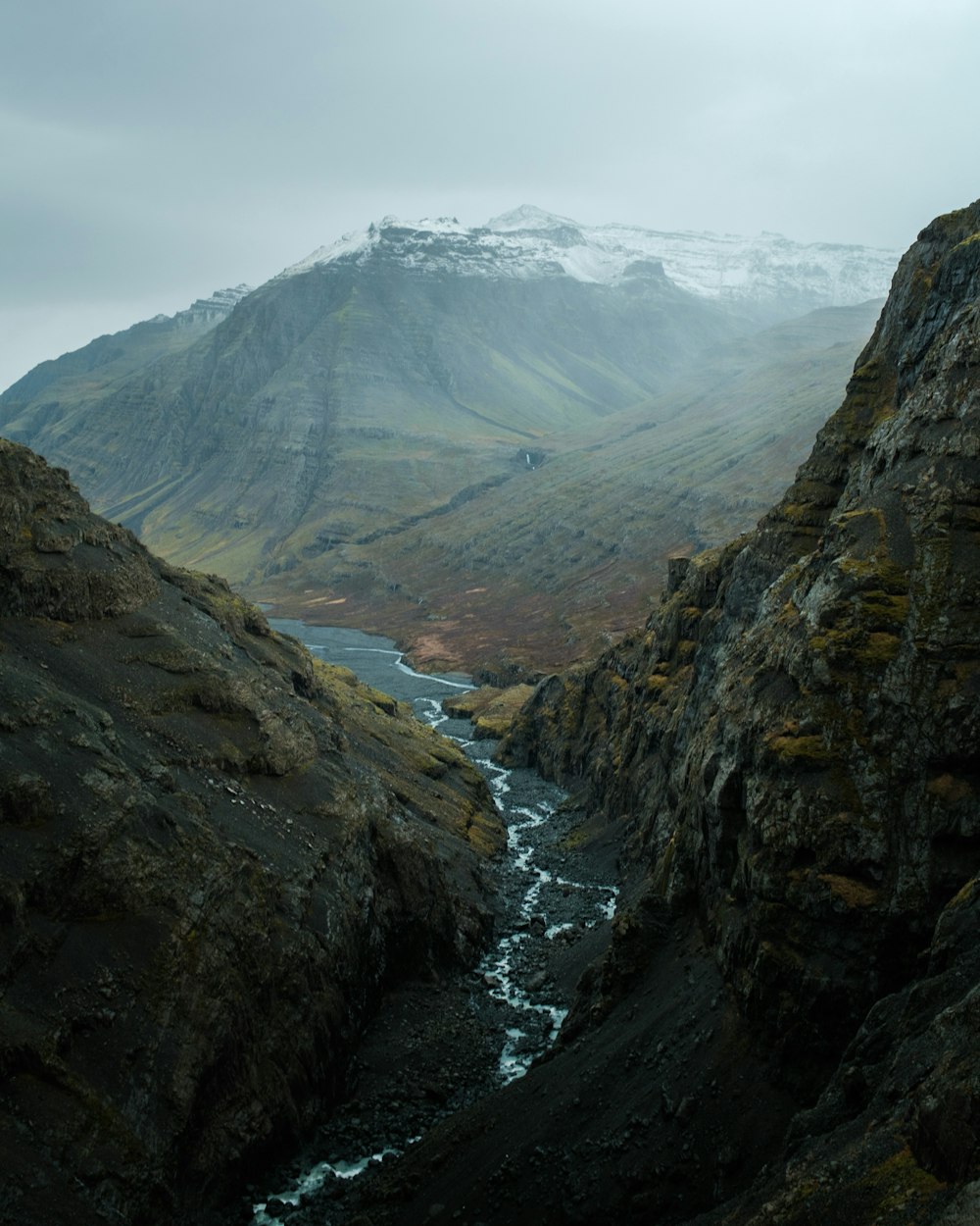 a river running through a valley between mountains