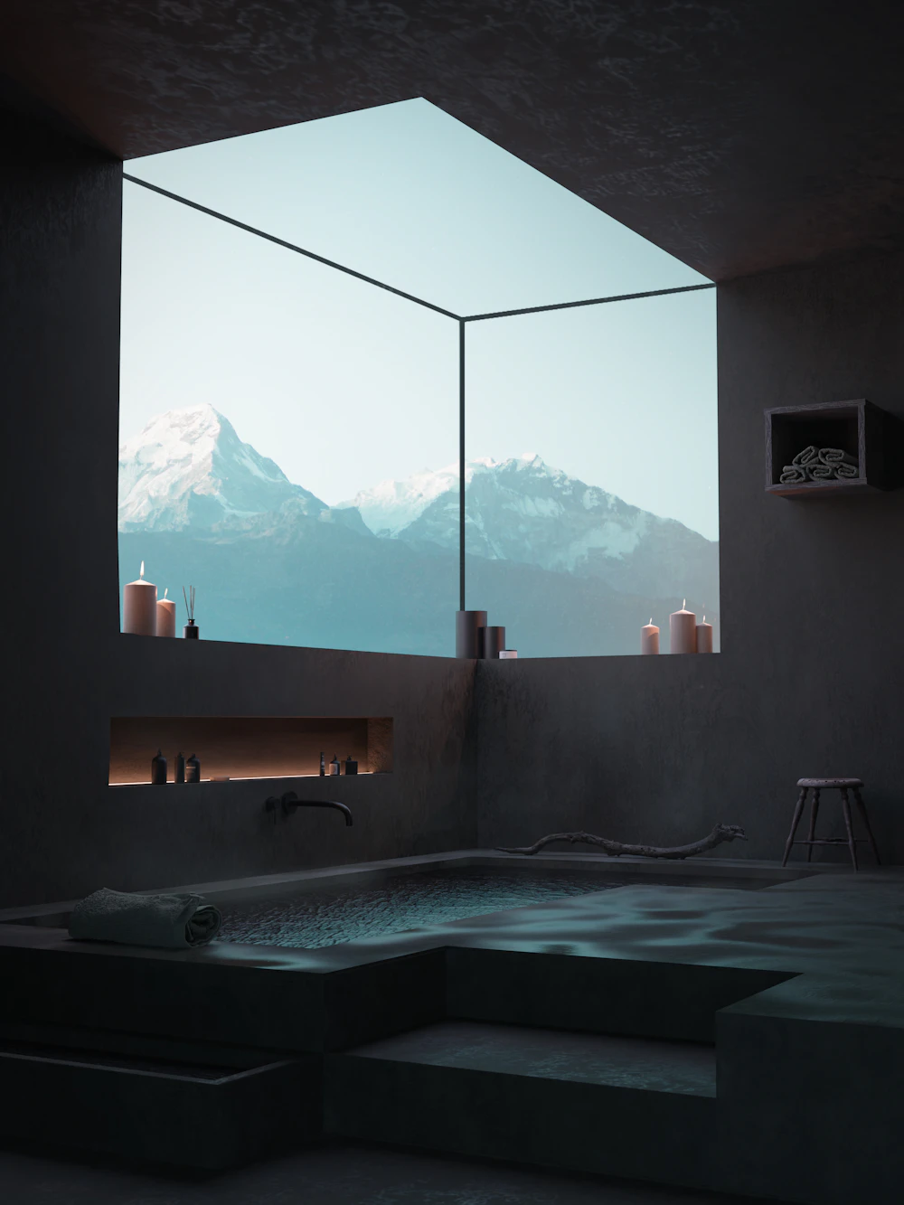A stone bath with candles facing snow-capped mountains