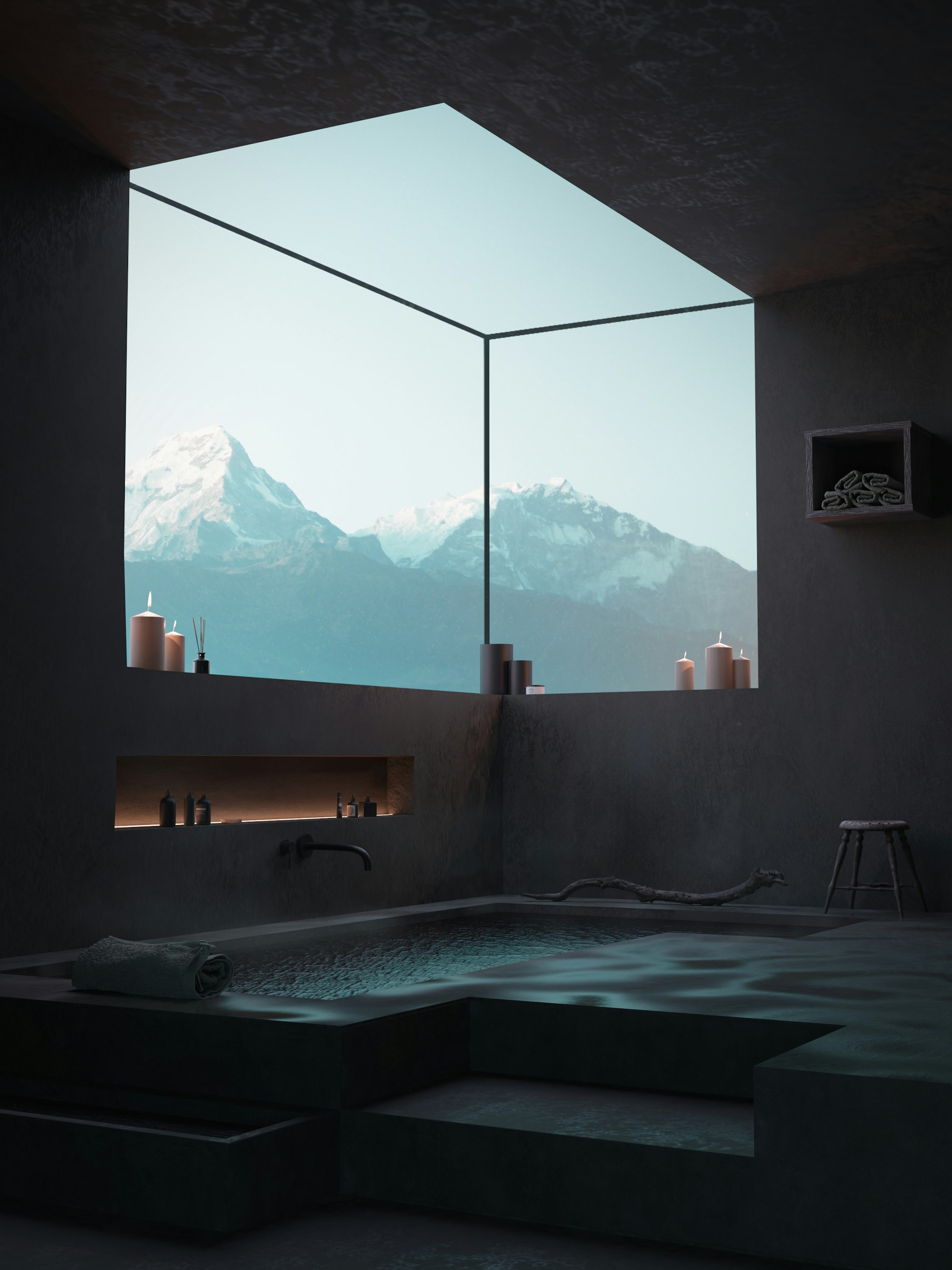 a bathtub with a mountain view