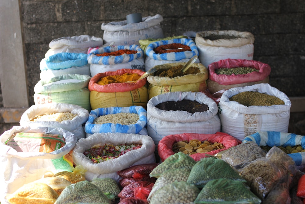 a group of bags of food