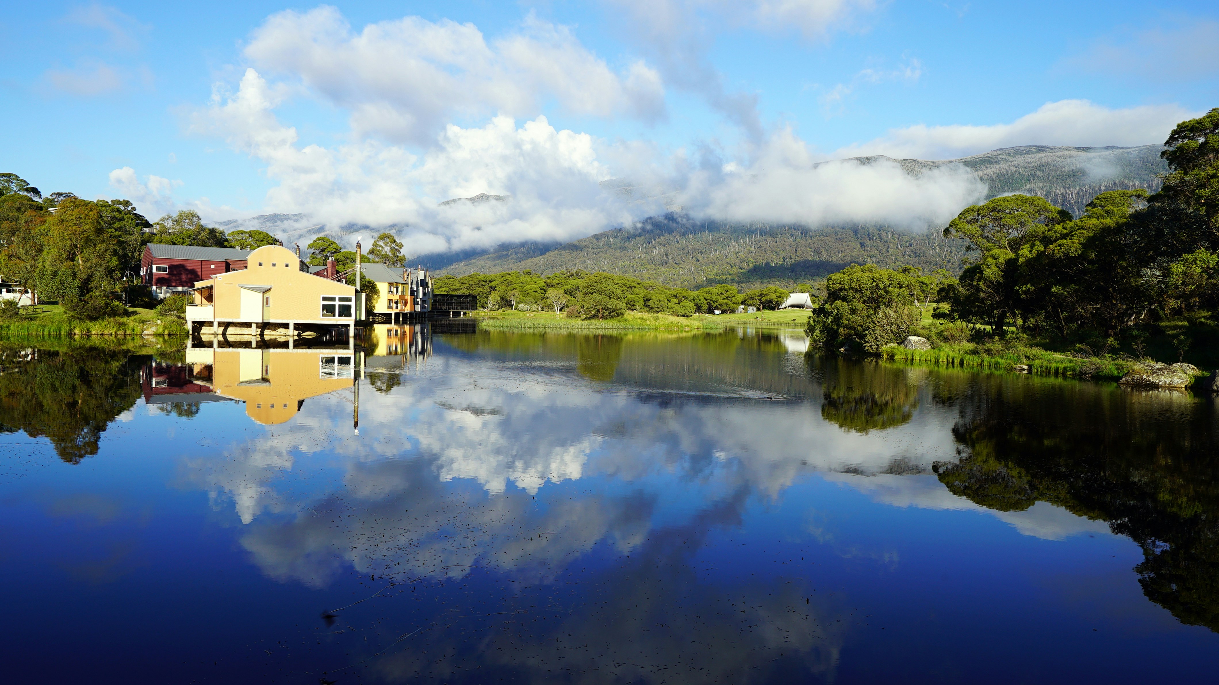 a body of water with trees and buildings around it