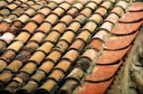 A close-up view of traditional terracotta roof tiles arranged in a series of overlapping rows. The tiles display a range of earthy tones including various shades of brown, red, and orange. Some tiles appear weathered and worn, adding texture and depth to the image.