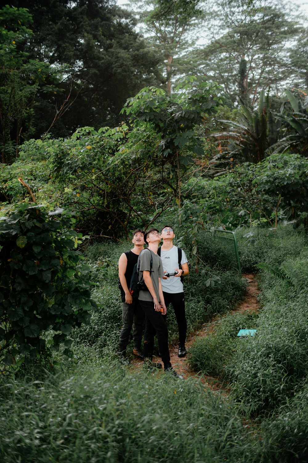 a man and woman standing in a garden