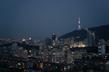 a city with a tall tower in the distance