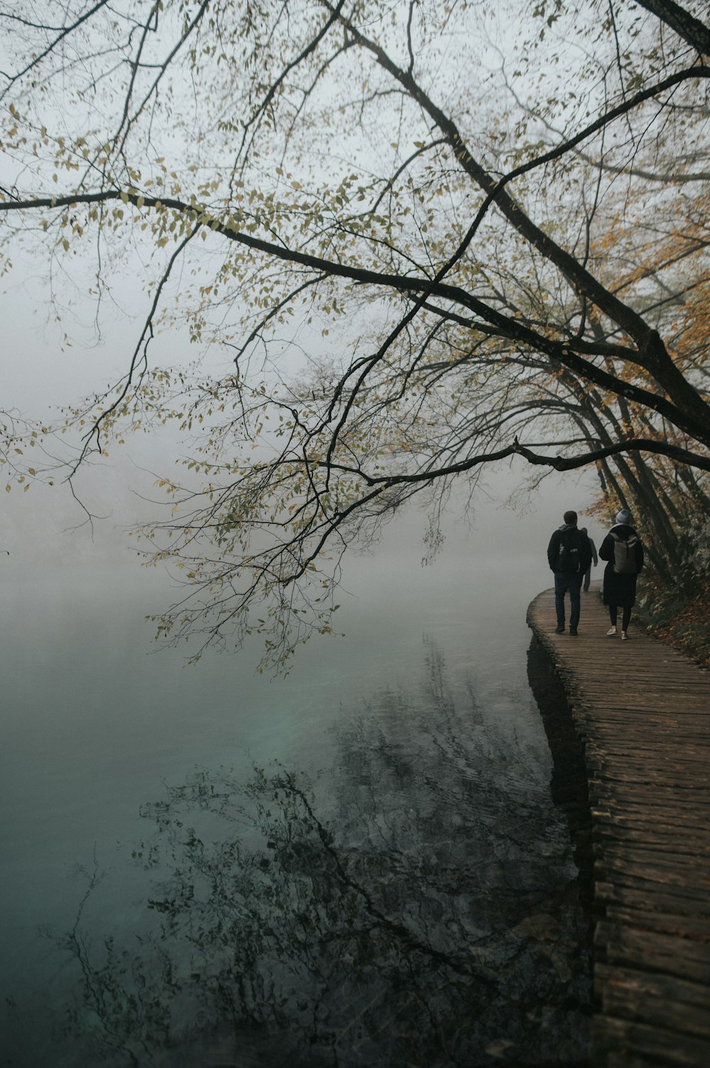 two people walking on a path by a body of water